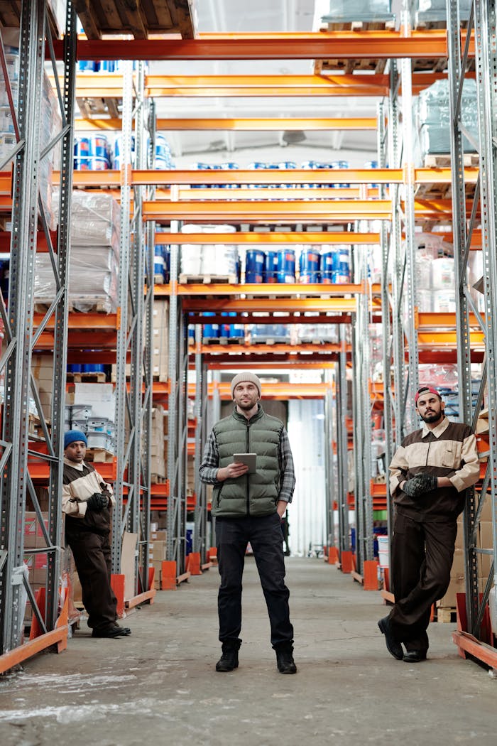 testimonial-img Three warehouse workers stand in an industrial aisle. Indoor workplace environment.