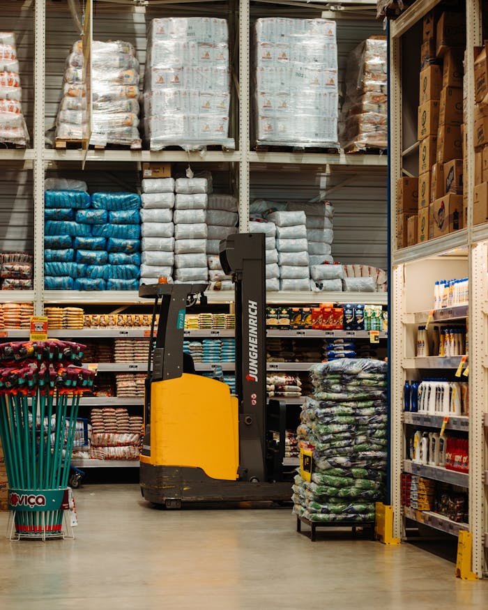 why-choose-us-02 A warehouse with stacked goods, shelves, and a forklift in Brazil.